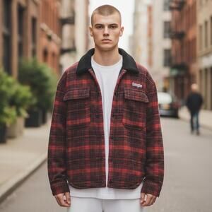 Civil Regime Red and Black Plaid Sherpa Lined Jacket